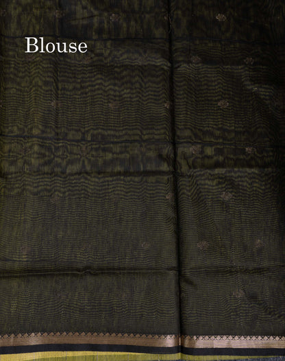 Beautiful Manthulir Green Lines With Zari Butta Maheshwar Cotton Saree With Contrast Black Blouse