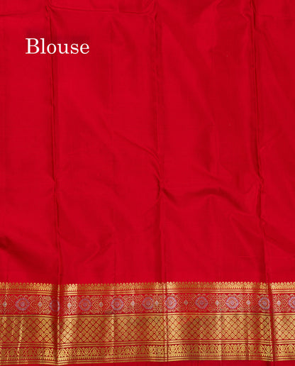 Korvai Beautiful Beige Silver & Gold Zari Butta Pure Kanjivaram Silk Saree Contrast Chilly Red Traditional Border