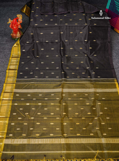 One Side Border Pure Silk Saree - Black Zari Butta With Contrast Olive Traditional Border