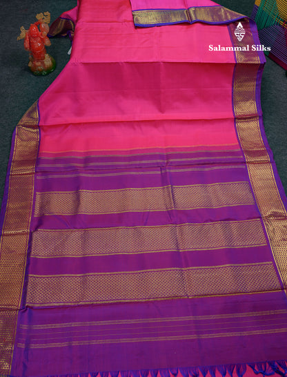 Beautiful Pink 10 Yards Pure Silk Saree With (5.3 inch) Contrast Puple Traditional Border