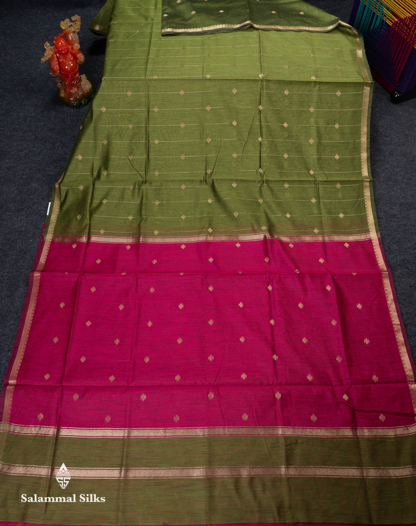 Beautiful Manthulir Green Lines With Zari Butta Maheshwar Cotton Saree With Contrast Black Blouse