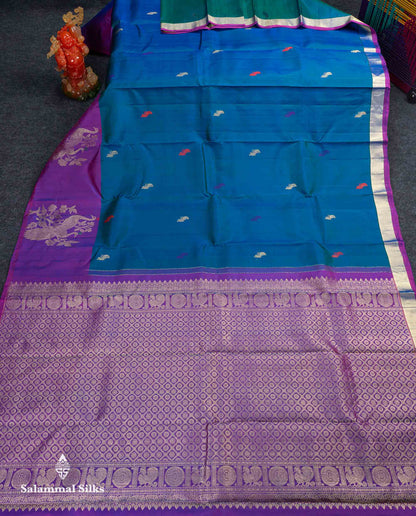 Beautiful Dual Tone Peacock Blue Menakari Thread & Zari Peacock Butta Pure Kanjivaram Silk Saree Contrast Purple Fancy Long Border