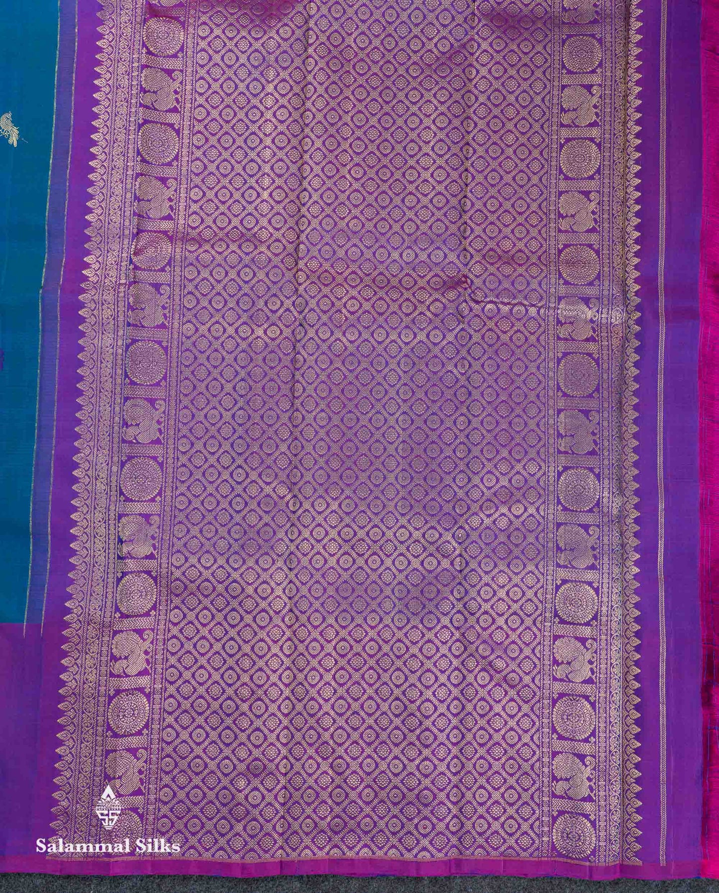 Beautiful Dual Tone Peacock Blue Menakari Thread & Zari Peacock Butta Pure Kanjivaram Silk Saree Contrast Purple Fancy Long Border