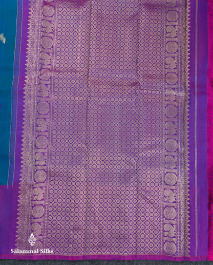 Beautiful Dual Tone Peacock Blue Menakari Thread & Zari Peacock Butta Pure Kanjivaram Silk Saree Contrast Purple Fancy Long Border