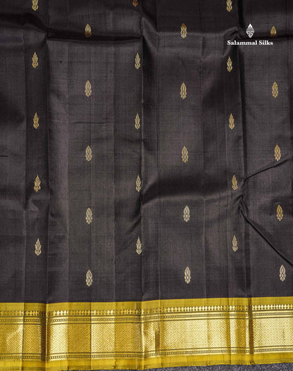 One Side Border Pure Silk Saree - Black Zari Butta With Contrast Olive Traditional Border