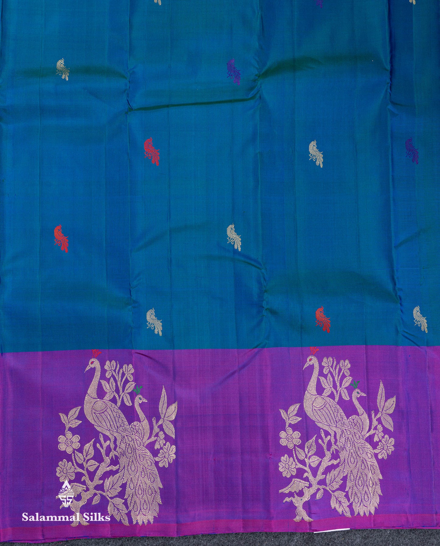 Beautiful Dual Tone Peacock Blue Menakari Thread & Zari Peacock Butta Pure Kanjivaram Silk Saree Contrast Purple Fancy Long Border
