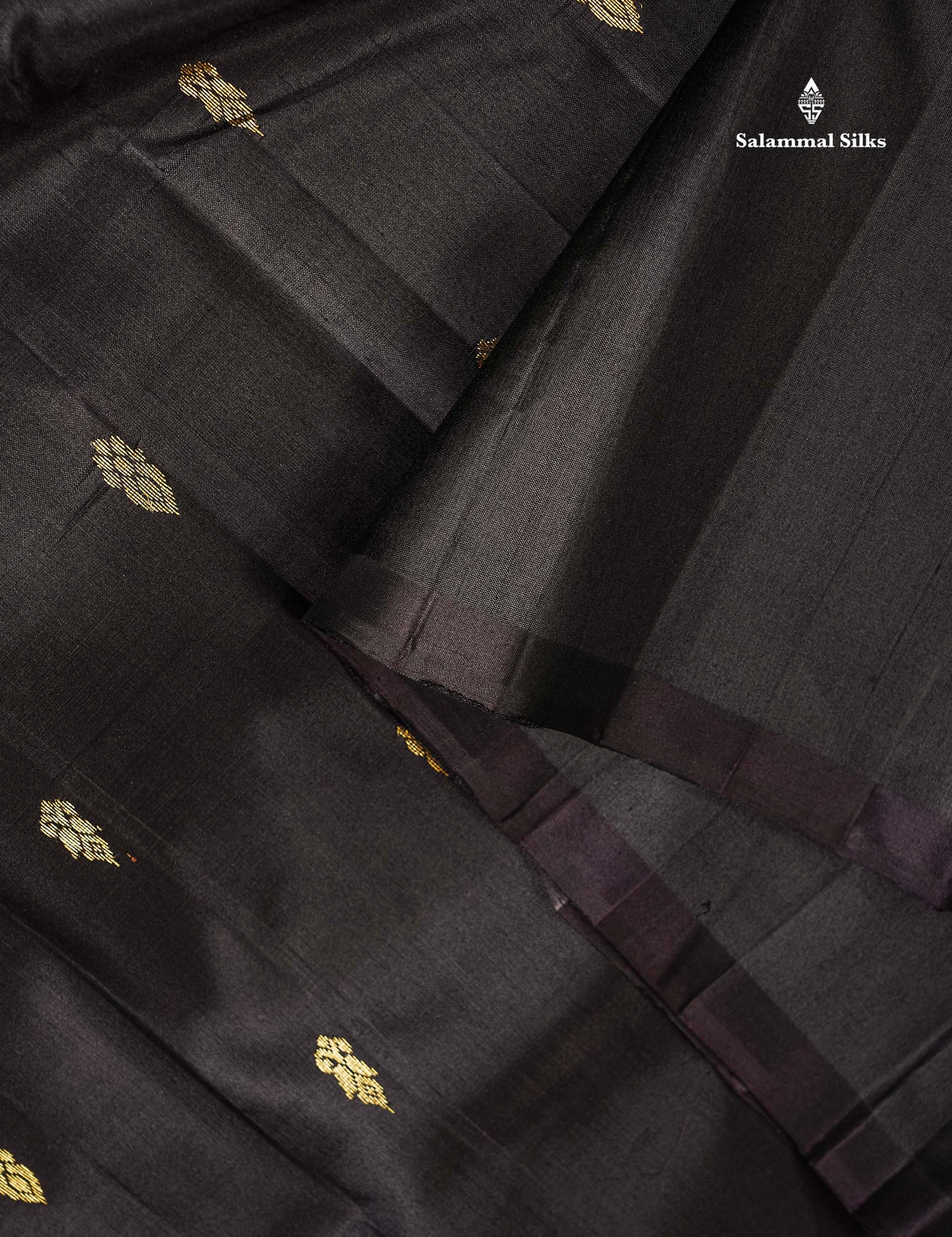 One Side Border Pure Silk Saree - Black Zari Butta With Contrast Olive Traditional Border