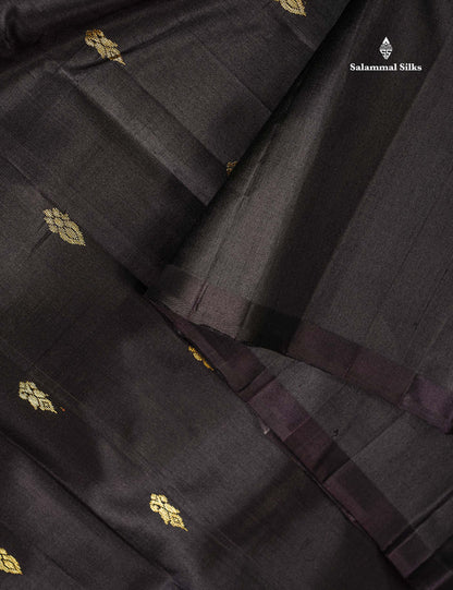 One Side Border Pure Silk Saree - Black Zari Butta With Contrast Olive Traditional Border