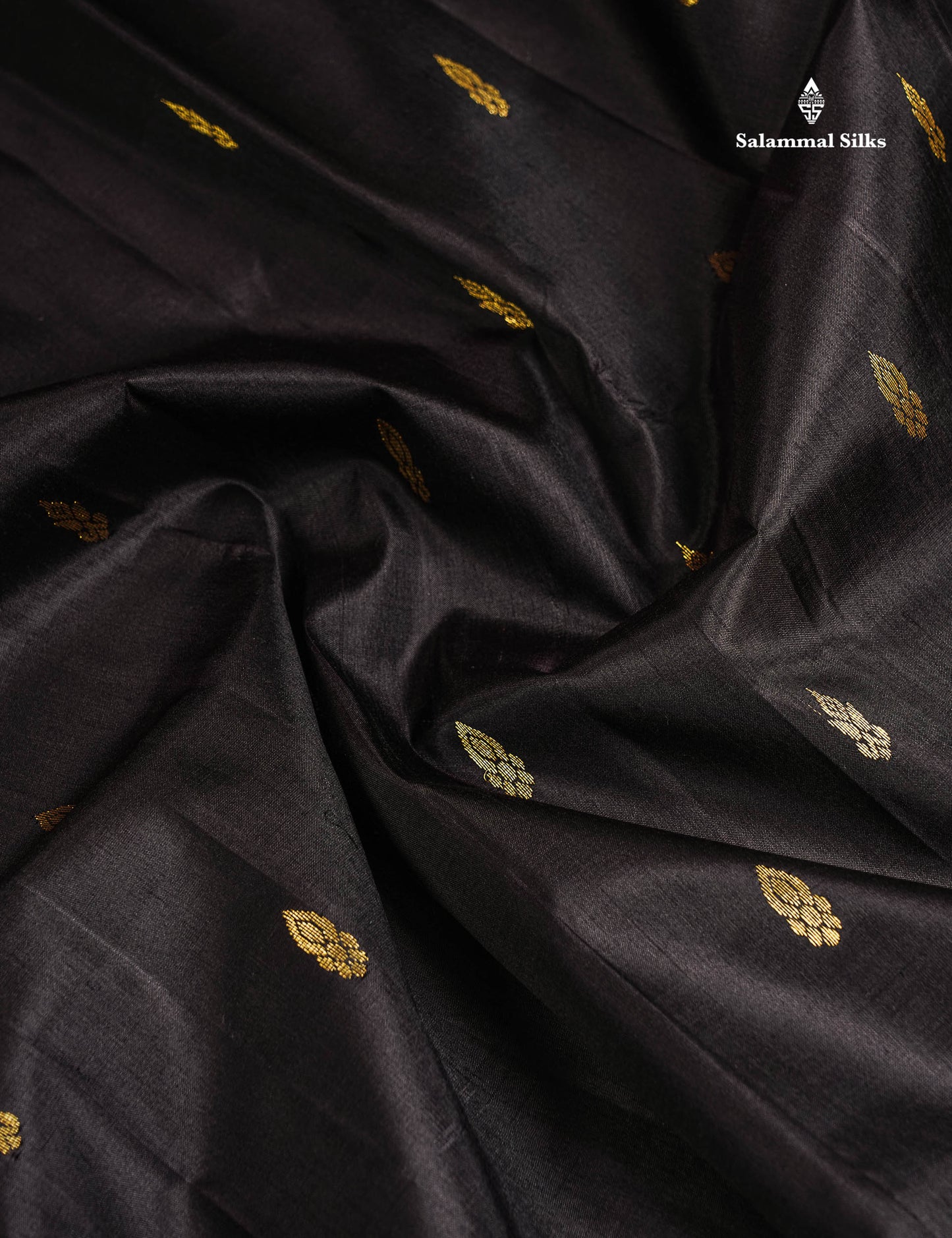 One Side Border Pure Silk Saree - Black Zari Butta With Contrast Olive Traditional Border