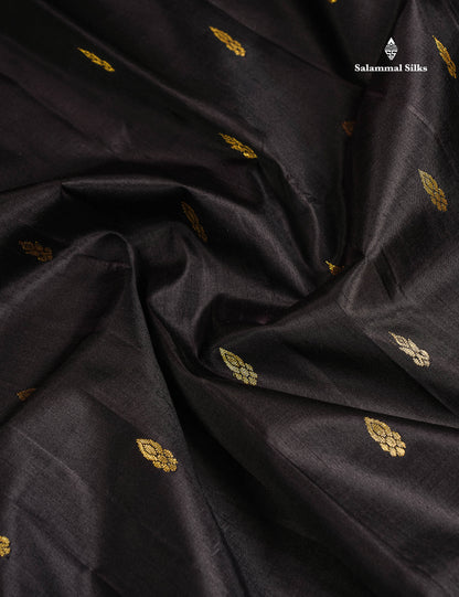 One Side Border Pure Silk Saree - Black Zari Butta With Contrast Olive Traditional Border