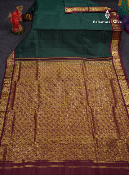 Beautiful Bottle Green 9Yards Pure Silk Saree With (3.6 inch) Contrast Dark Brown Traditional Border