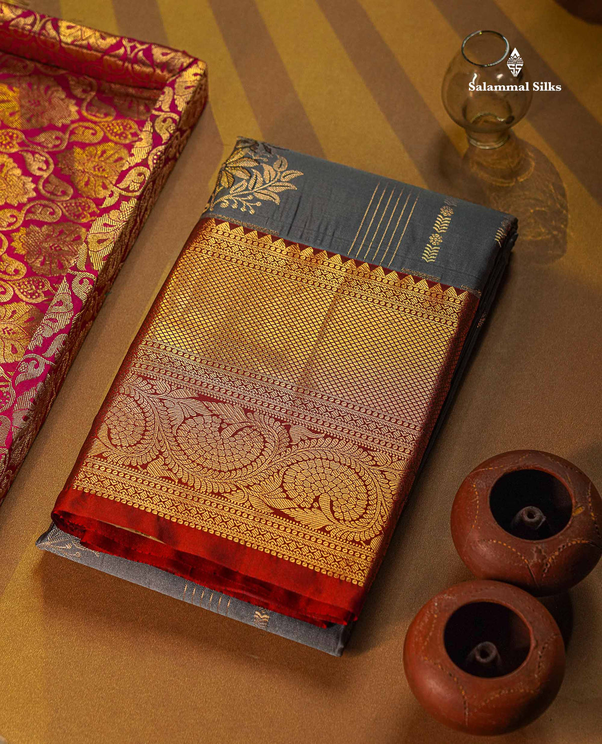 Semi Silk Saree - Grey Colour Body With Contrast Maroon Evening Morning Border