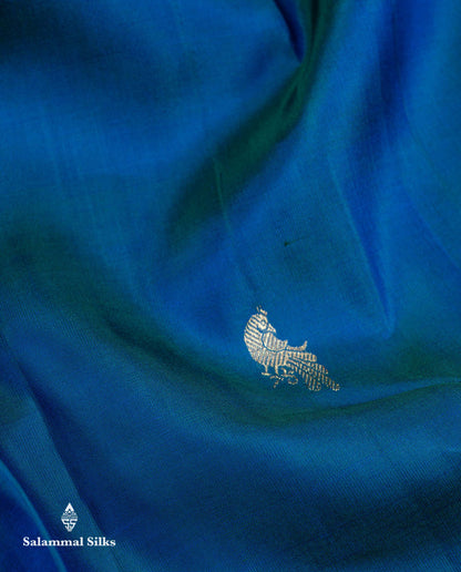 Beautiful Dual Tone Peacock Blue Menakari Thread & Zari Peacock Butta Pure Kanjivaram Silk Saree Contrast Purple Fancy Long Border