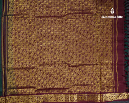 Beautiful Bottle Green 9Yards Pure Silk Saree With (3.6 inch) Contrast Dark Brown Traditional Border