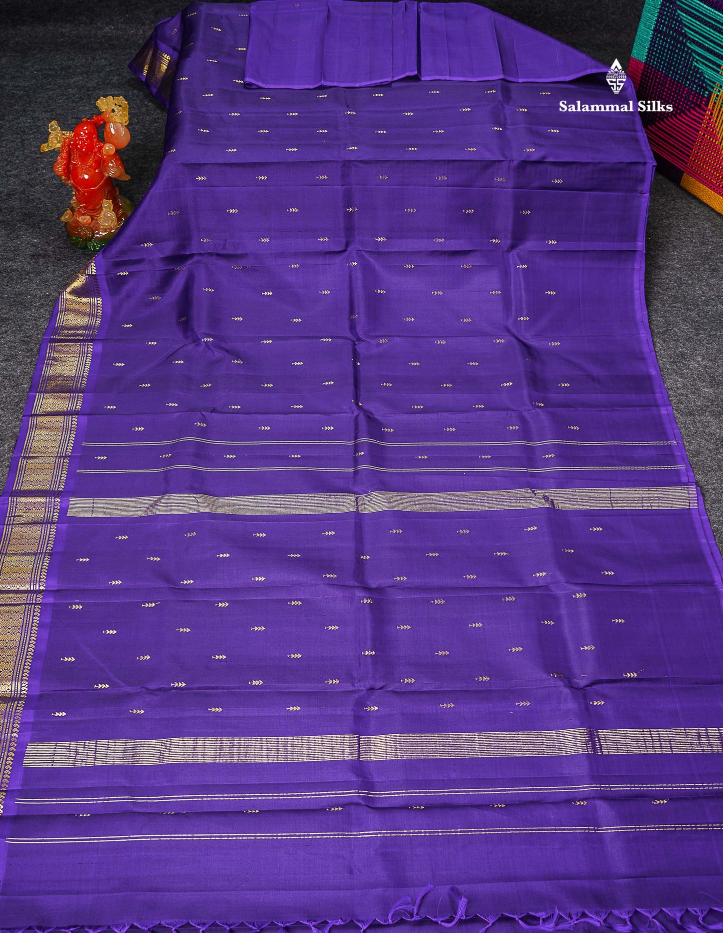One Side Border Pure Silk Saree - Royal Purple Zari Butta With Traditional Border