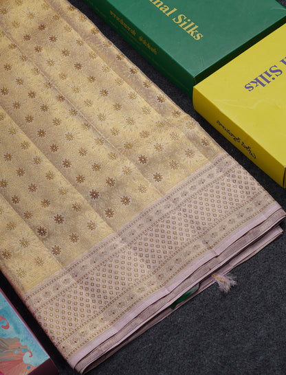 Beautiful Cream Tissue Bridal Pure Kanjivaram Silk Saree With Contrast Light Lavender Pichwai Art Border