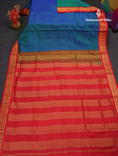 Korvai Beautiful Dual Tone Peacock Blue 10 Yards Pure Silk Saree With (4.1 inch) Contrast Chilly Red Traditional Border