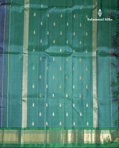 Ramar Blue Pure Kanjivaram Silk Saree With Contrast Green One Side Border