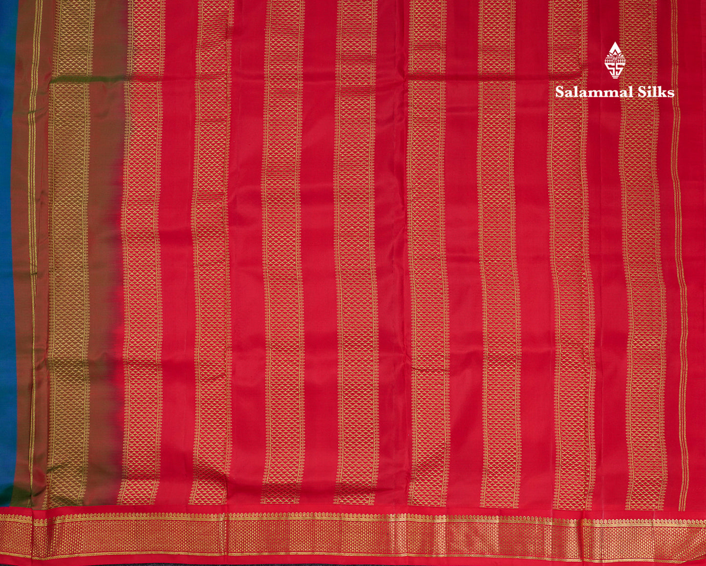 Korvai Beautiful Dual Tone Peacock Blue 10 Yards Pure Silk Saree With (4.1 inch) Contrast Chilly Red Traditional Border