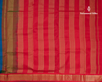 Korvai Beautiful Dual Tone Peacock Blue 10 Yards Pure Silk Saree With (4.1 inch) Contrast Chilly Red Traditional Border