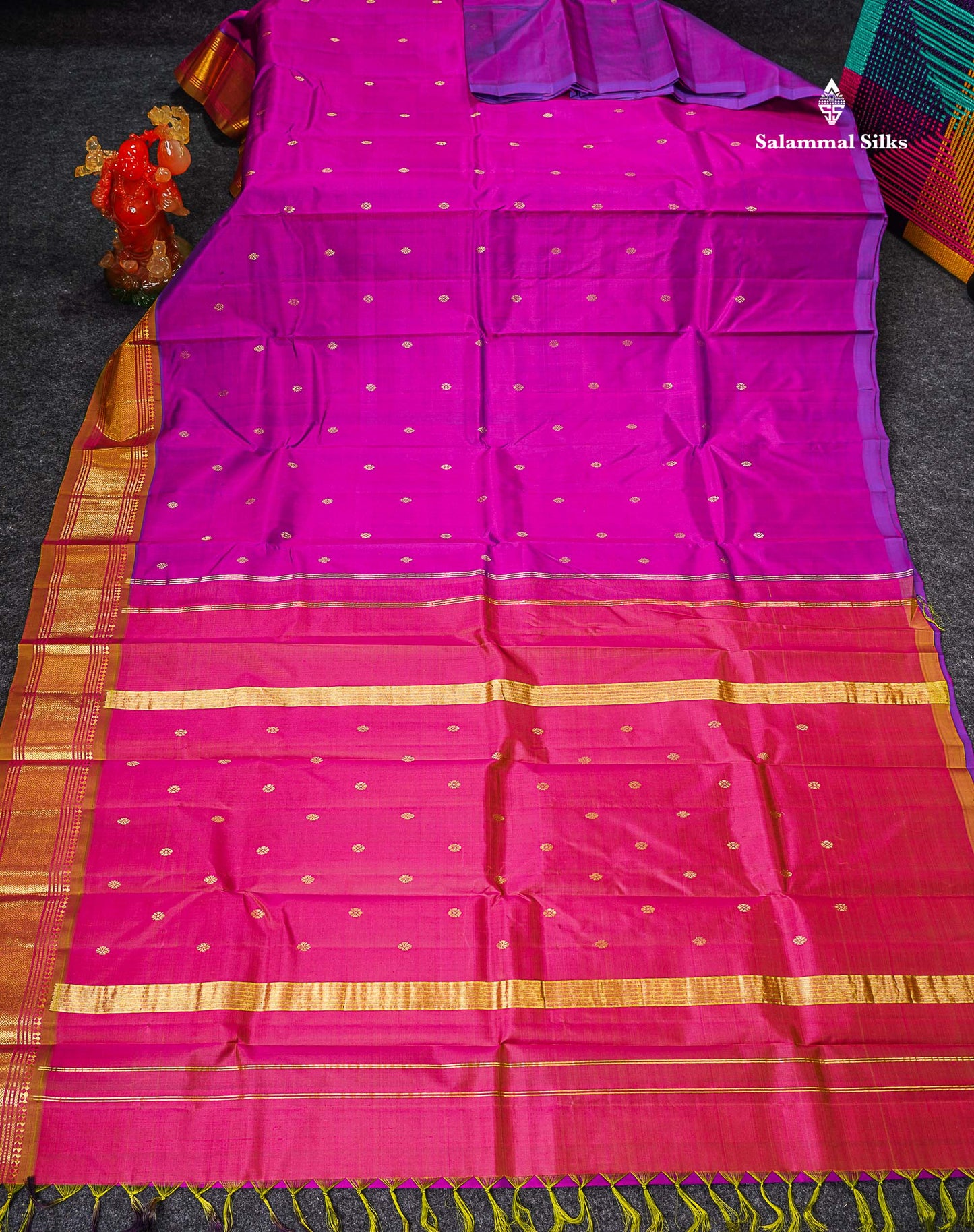One Side Border Pure Silk Saree - Magenta Pink Zari Butta With Contrast Mustard Yellow Traditional Border