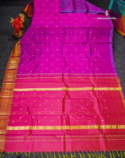 One Side Border Pure Silk Saree - Magenta Pink Zari Butta With Contrast Mustard Yellow Traditional Border