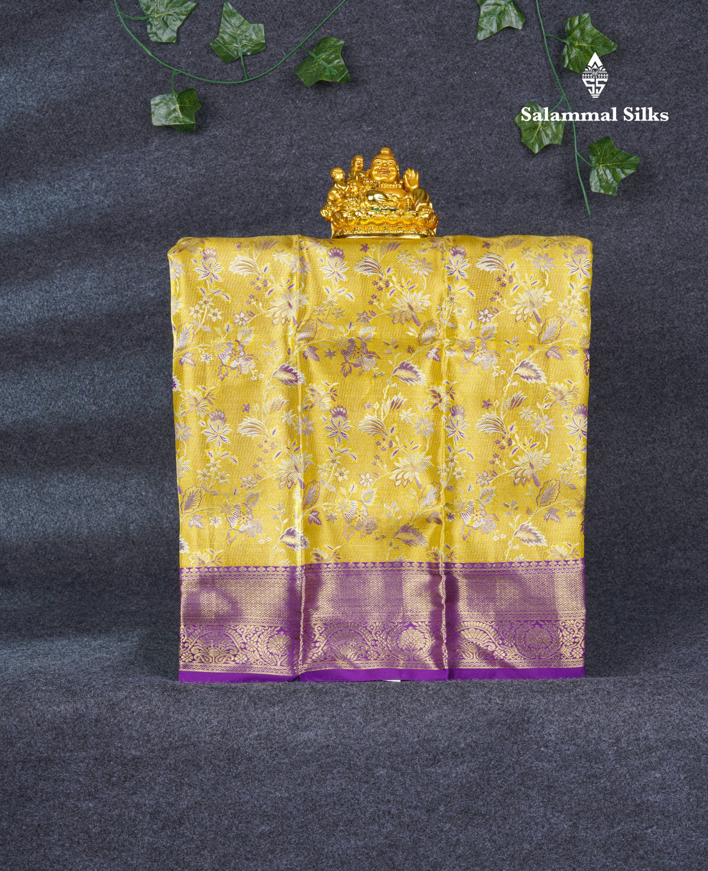 Pure Silk Pattu Pavadai Tissue (Gold) With Purple Blouse 21.6"