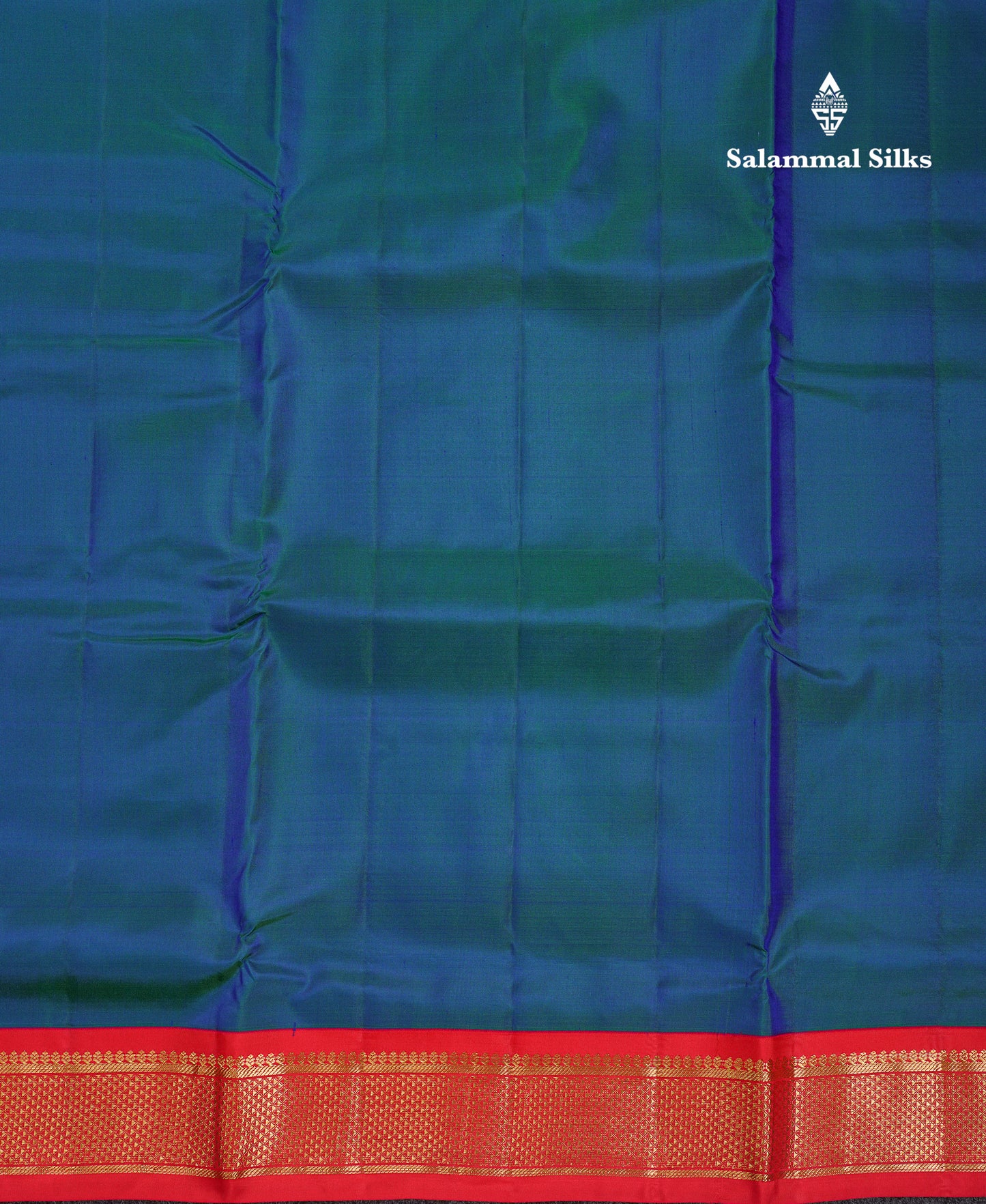 Korvai Beautiful Dual Tone Peacock Blue 10 Yards Pure Silk Saree With (4.1 inch) Contrast Chilly Red Traditional Border