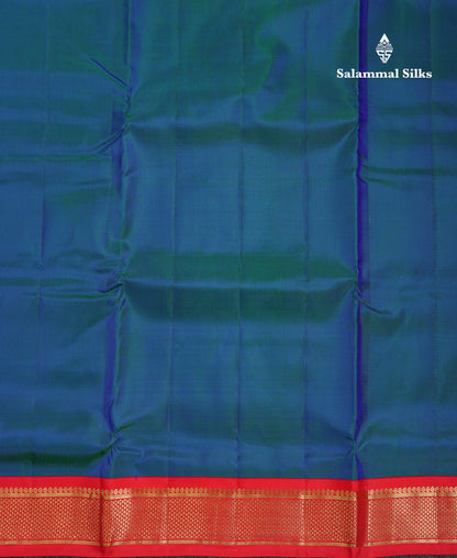 Korvai Beautiful Dual Tone Peacock Blue 10 Yards Pure Silk Saree With (4.1 inch) Contrast Chilly Red Traditional Border