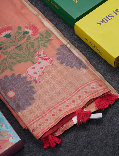 Beautiful Dark Peach Muga Cotton Saree With Contrast Pink Blouse
