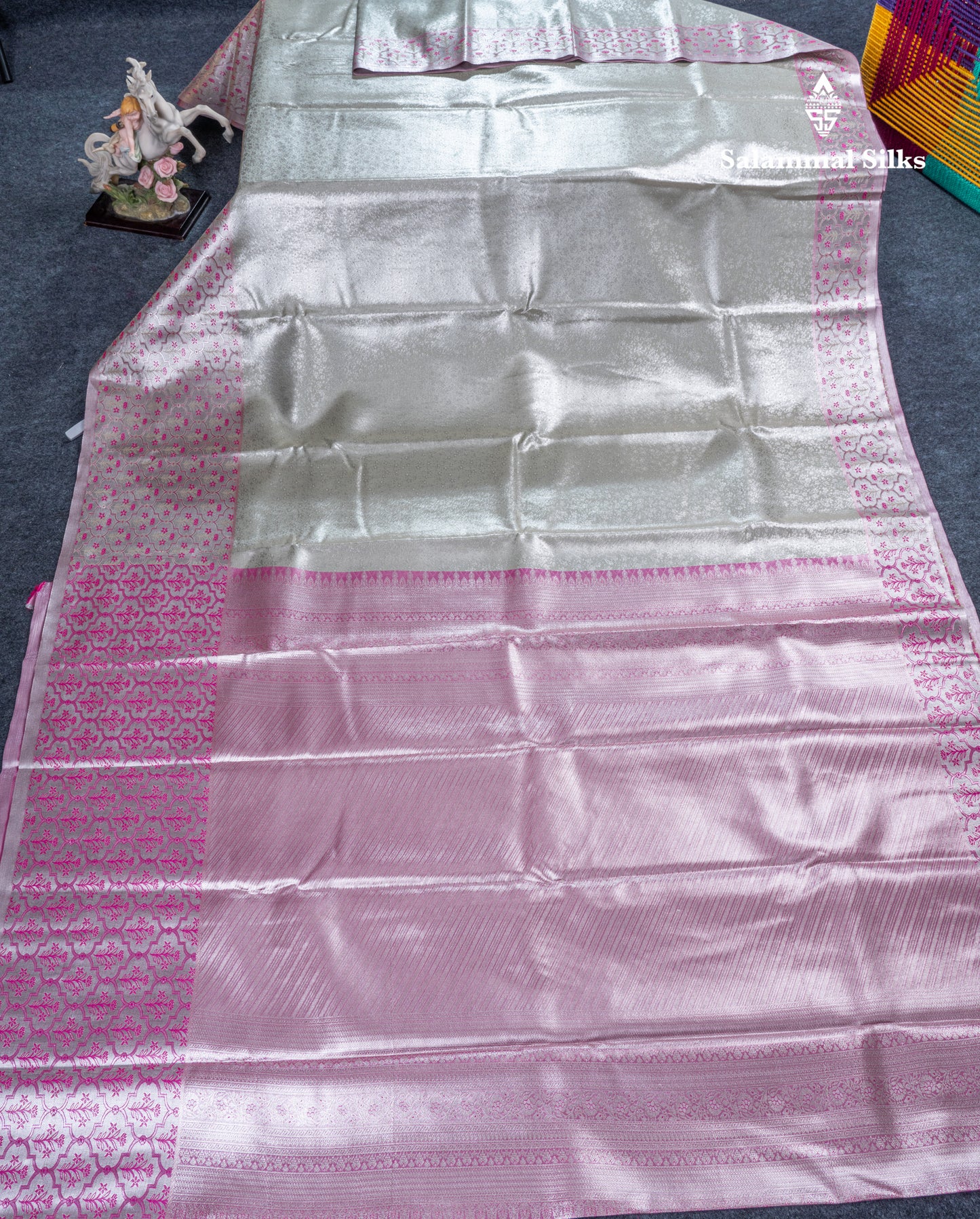 Silver Bridal Tissue Semi Silk Saree With Menakari Work Fancy Evening Morning Border