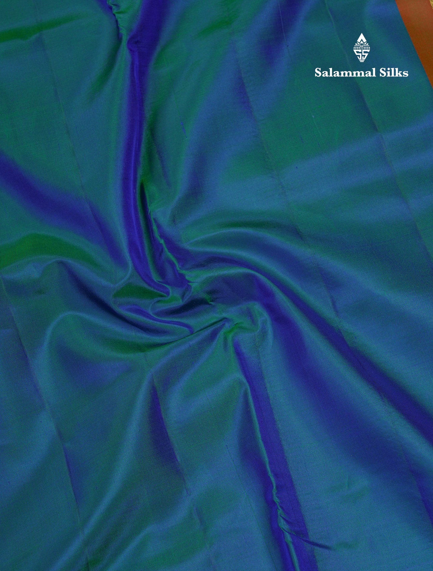 Korvai Beautiful Dual Tone Peacock Blue 10 Yards Pure Silk Saree With (4.1 inch) Contrast Chilly Red Traditional Border