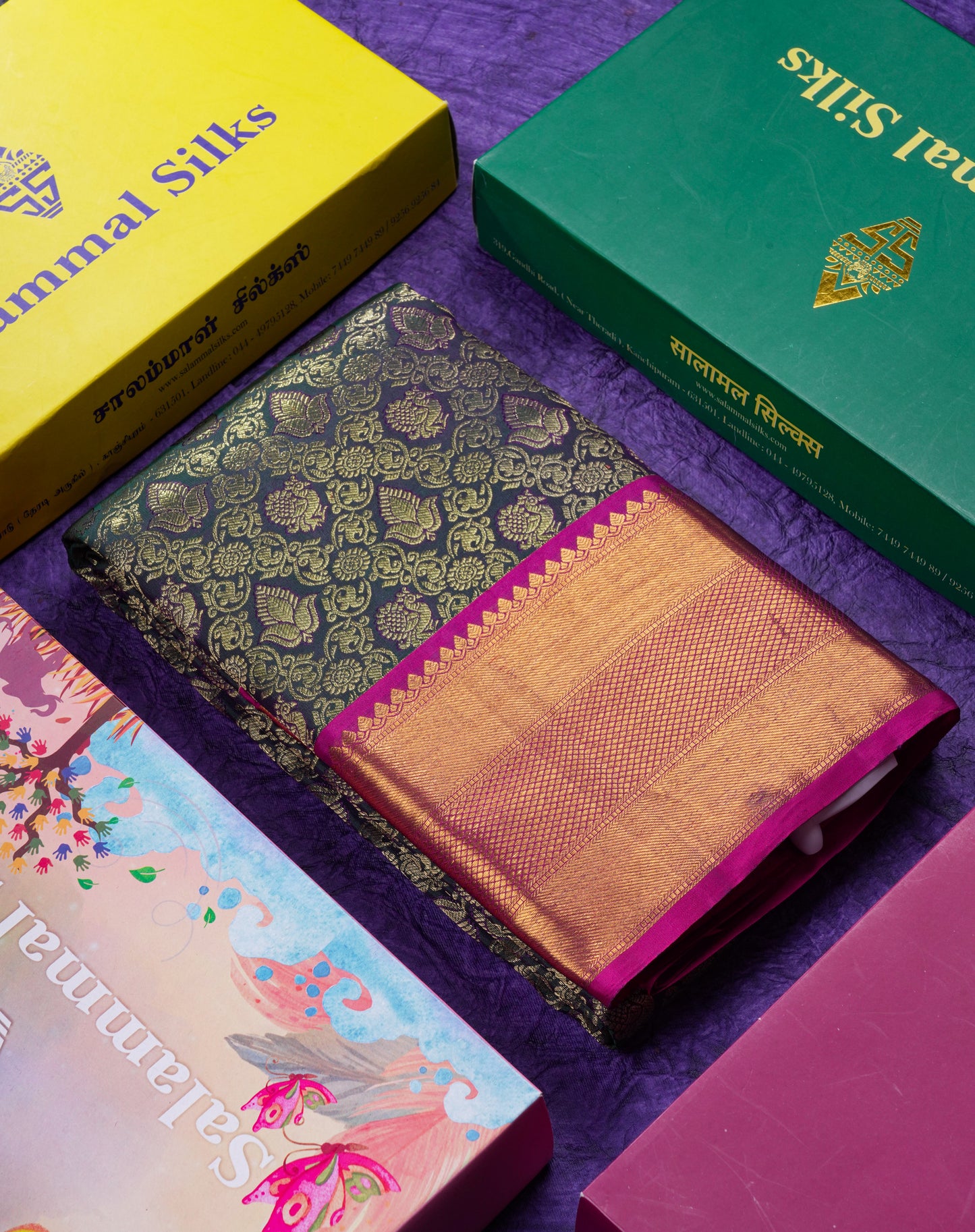 Beautiful Dark Bottle Green Bridal Pure Kanjivaram Silk Saree With Contrast Magenta Traditional Border