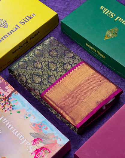 Beautiful Dark Bottle Green Bridal Pure Kanjivaram Silk Saree With Contrast Magenta Traditional Border