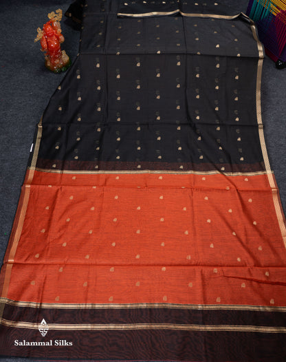 Beautiful Black Zari Butta Maheshwar Cotton Saree With Contrast Dual Tone Brown Blouse