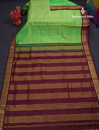 Korvai Beautiful Parrot Green 10 Yards Pure Silk Saree With (4.1 inch) Contrast Dark Brown Traditional Border