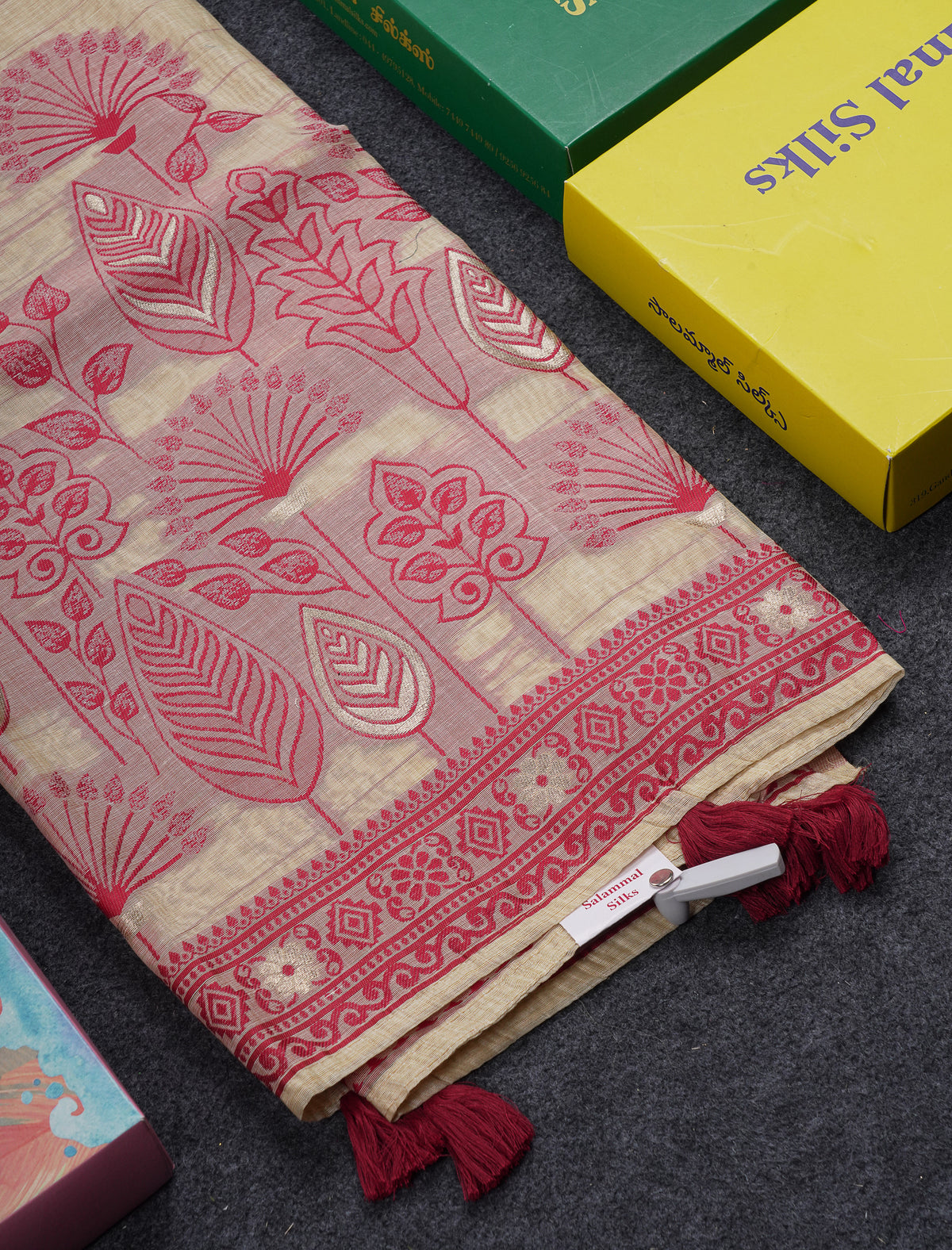 Beautiful Cream Sandal Thread Work Butta Muga Cotton Saree With Contrast Maroon Border