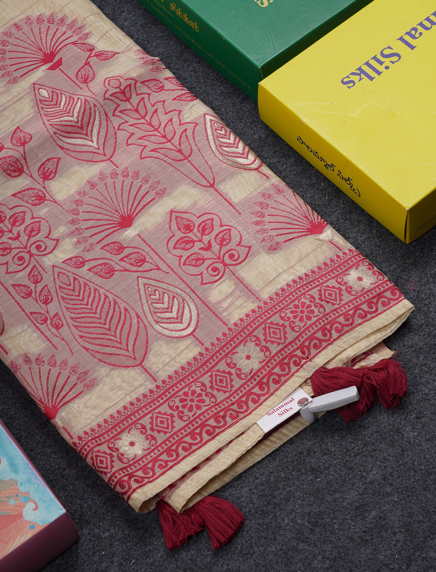 Beautiful Cream Sandal Thread Work Butta Muga Cotton Saree With Contrast Maroon Border
