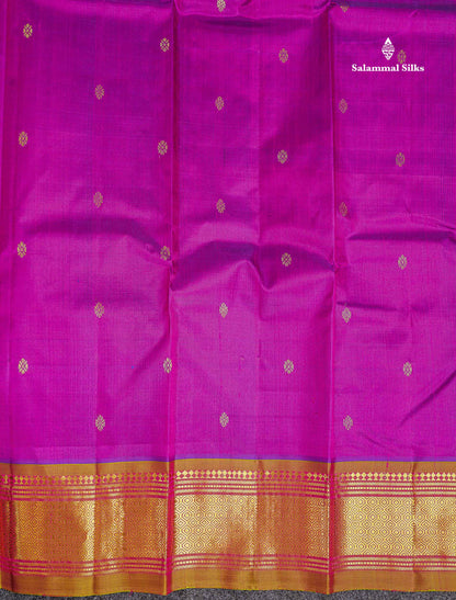 One Side Border Pure Silk Saree - Magenta Pink Zari Butta With Contrast Mustard Yellow Traditional Border