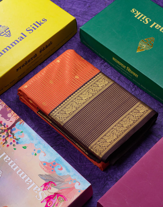 Beautiful Rust Orange Small Zari Checks Semi Silk Saree With Contrast Dark Brown Traditional Border