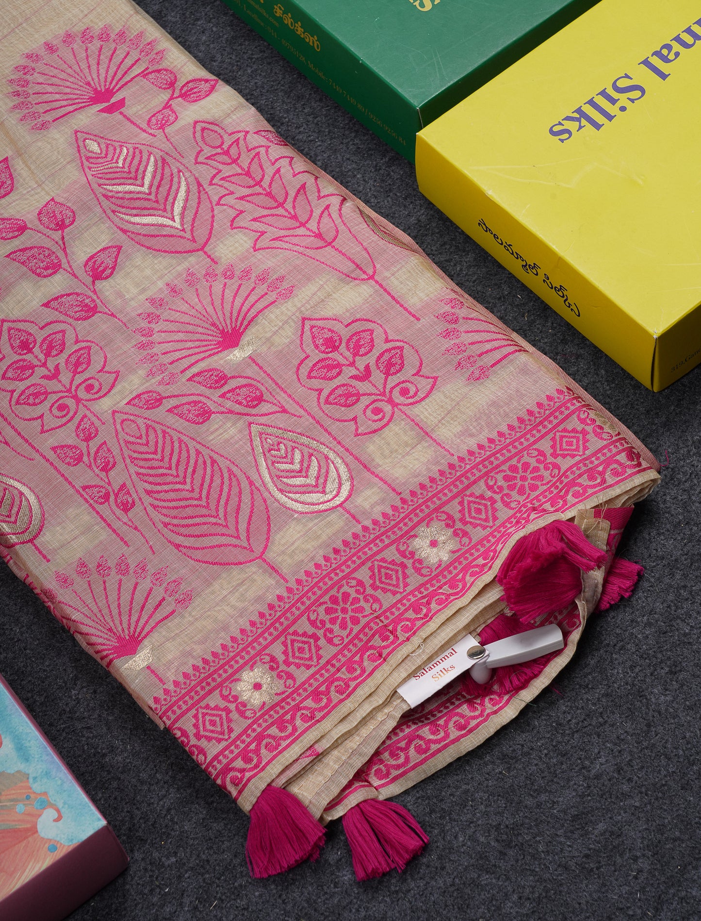 Beautiful Cream Sandal Thread Work Butta Cotton Mix Saree With Contrast Navy Blue Fancy Border