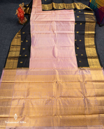 Korvai Beautiful Baby Pink Tissue Bridal Pure Kanjivaram Silk Saree With Contrast Black Traditional Border