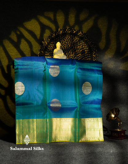 Beautiful Pure Silk Pattu Pavadai (Dual Tone Peacock Blue) With Contrast Manthulir Green Blouse 36"