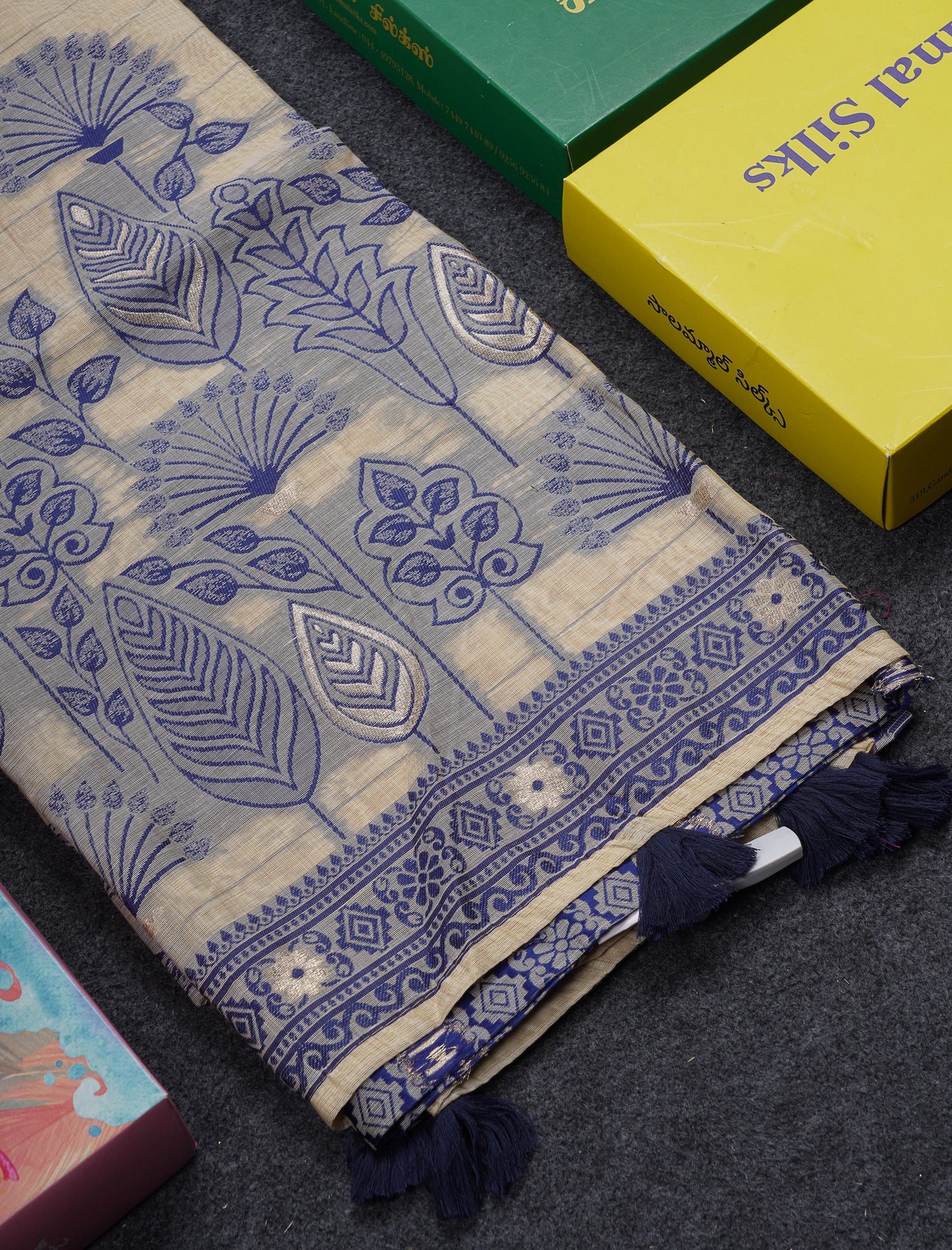 Beautiful Cream Sandal Thread Work Butta Cotton Mix Saree With Contrast Navy Blue Fancy Border