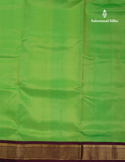 Korvai Beautiful Parrot Green 10 Yards Pure Silk Saree With (4.1 inch) Contrast Dark Brown Traditional Border