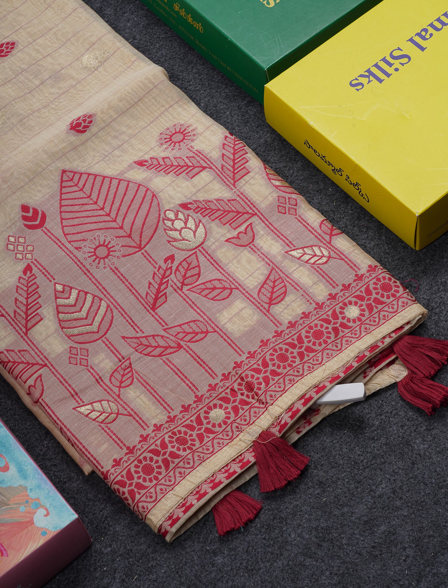 Beautiful Cream Sandal Thread Work Butta Cotton Mix Saree With Contrast Dual Tone Red Border