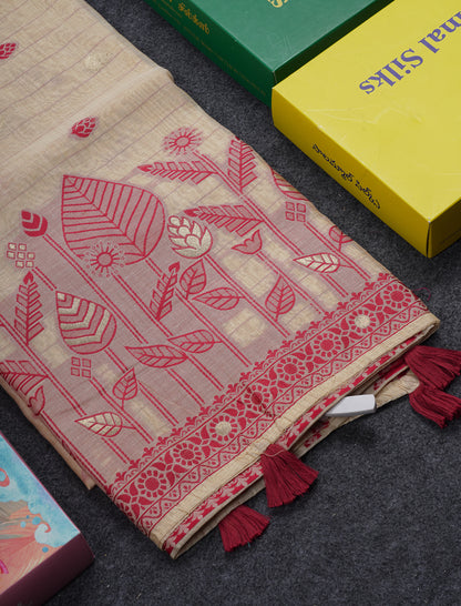 Beautiful Cream Sandal Thread Work Butta Cotton Mix Saree With Contrast Dual Tone Red Border