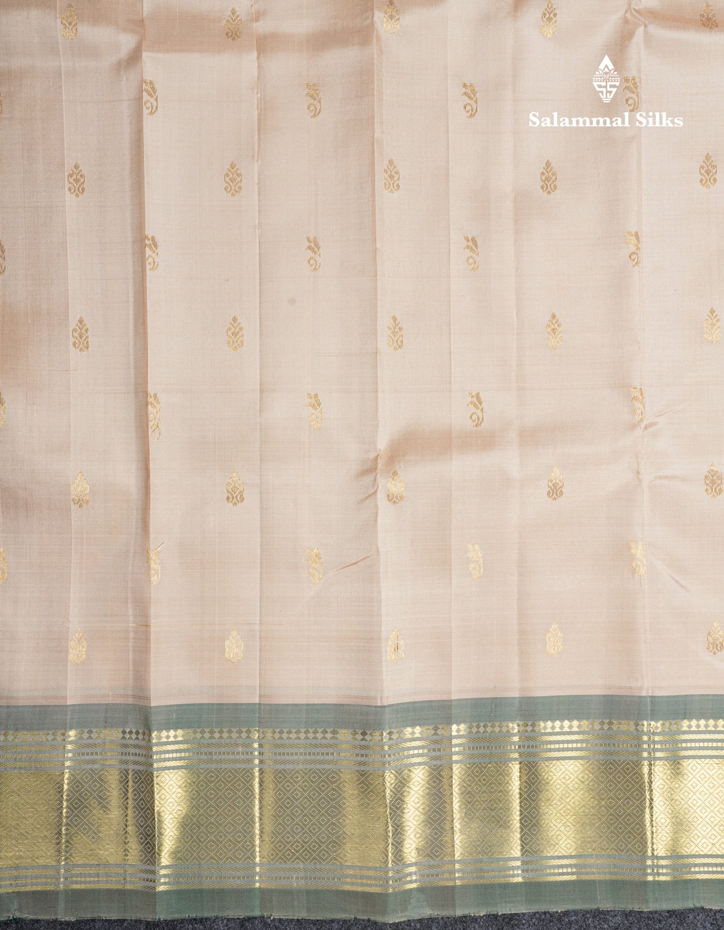 Beige Pure Kanjivaram Silk Saree With Contrast Light Green One Side Border