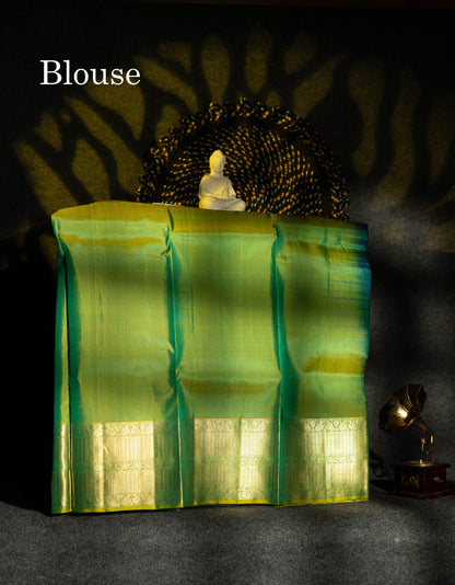 Beautiful Pure Silk Pattu Pavadai (Dual Tone Peacock Blue) With Contrast Manthulir Green Blouse 36"