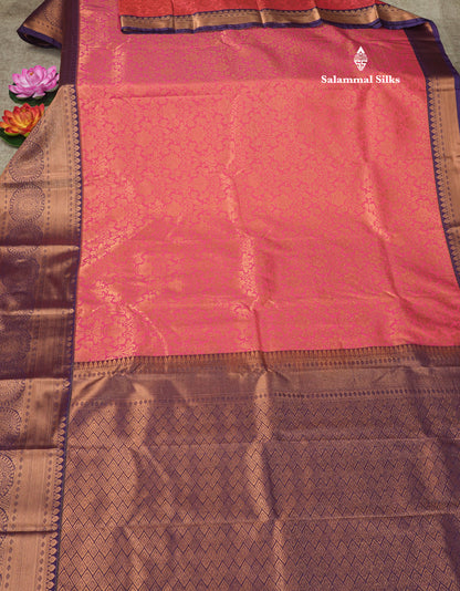 Dark Navy Blue Bridal Semi Silk Saree With Contrast Pink Border